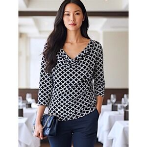 Boden  Womens Cowl Neck Top US 12 Navy White Geometric 3/4 Sleeves Quiet Luxury